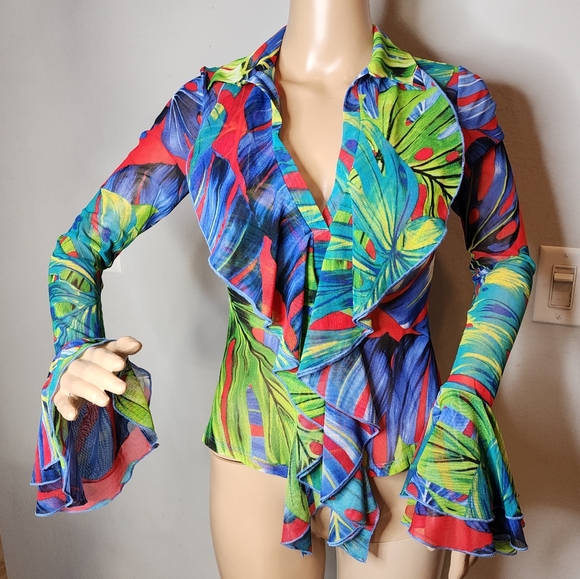 Goodtime USA Stretch Mesh Vibrant Tropical Top Flare Cuff Drape Front XS/Small - Picture 1 of 16
